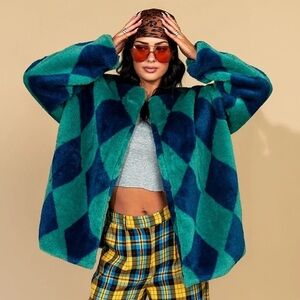 Lala Blue & Green Checkered Faux Fur Coat